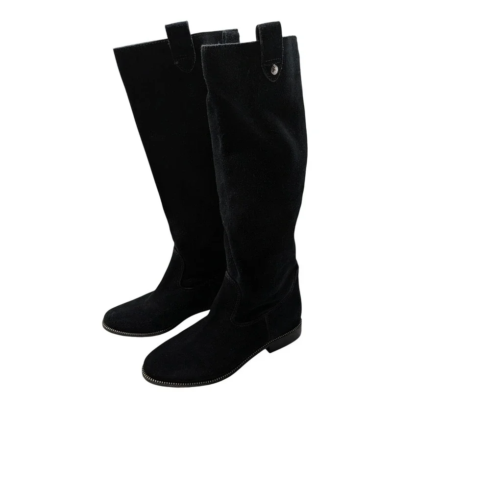 Michael Michael Kors Black Suede Tall Boots Silver Chain Trim Womens 6M